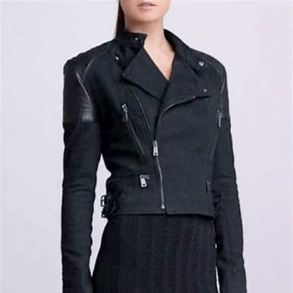 Ralph Lauren Italian Lamb Leather Patch Stretch Denim Moto Jacket - Picture 1 of 16